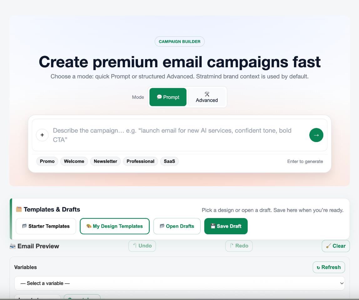 Ella dashboard with templates, email editor, and automation flow builder